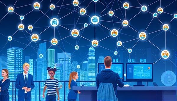 An intricate blockchain network visualized as a modern digital cityscape with interconnected reward nodes, a diverse group of customers enjoying personalized rewards, and a business owner monitoring transactions on a secure blockchain platform, symbolizing trust and innovation.