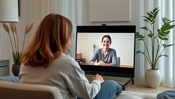 A serene virtual therapy session setting, with a comforting background, a therapist engaging with a client on a video call, fostering a safe and supportive environment for mental health counseling.