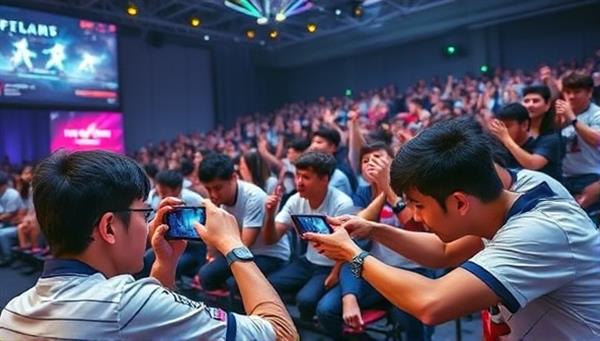 An action-packed mobile eSports tournament scene with players competing on smartphones, intense gameplay moments, and a cheering virtual audience, capturing the excitement and competitiveness of mobile eSports competitions.