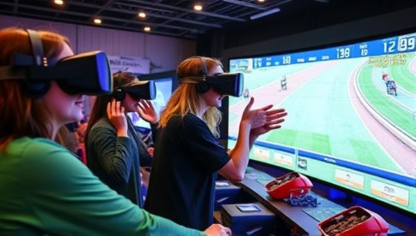 A virtual horse racing simulator setup with customers wearing VR headsets, immersed in realistic race simulations, cheering on their virtual horses, and placing bets on the outcomes, capturing the excitement and competitive spirit of Ride2Victory Club.