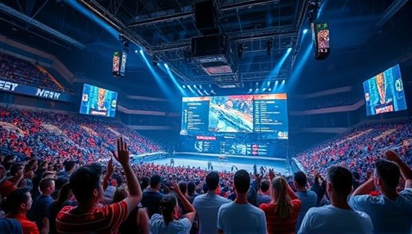 An esports arena filled with cheering fans and digital screens displaying live match statistics and odds analysis, capturing the excitement and data-driven approach facilitated by eBetInsight for esports betting enthusiasts.