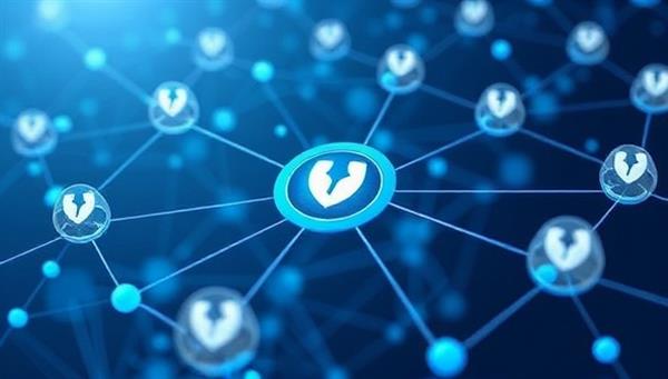 A secure blockchain network illustration with interconnected nodes verifying digital ads in real-time, symbolizing the transparency and trustworthiness of the VeriAd Chain platform.