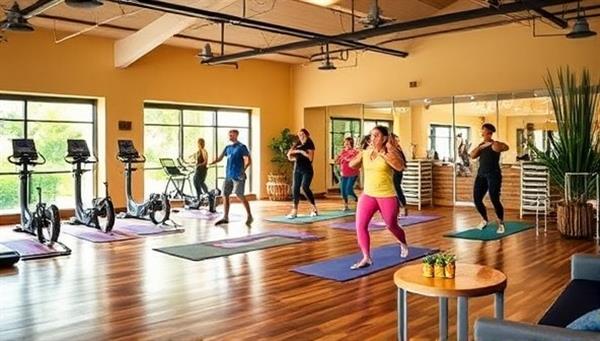 An energizing fitness studio with workout equipment, mats, and energetic participants engaged in a group exercise class, a cozy lounge area with health-focused beverage options and relaxation amenities, a vibrant atmosphere of fitness motivation and wellness support for patrons seeking balance and vitality.