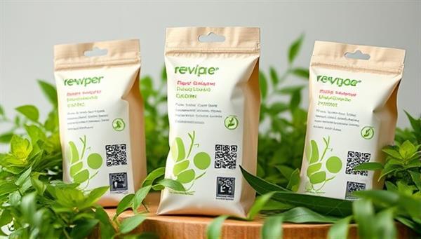 An image of a sleek, modern packaging design made from recycled materials, featuring interactive elements like QR codes for tracking and information, surrounded by vibrant greenery to emphasize the eco-friendly aspect.