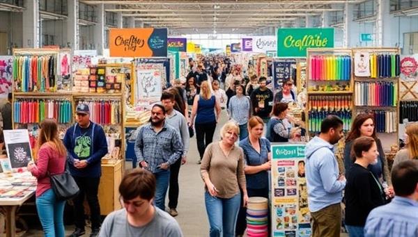 A bustling craft fair scene with colorful stalls showcasing handmade goods, artisanal products, and interactive DIY workshops in progress, with attendees exploring the market, engaging with artists, and immersing themselves in the vibrant CraftVibe Markets atmosphere of creativity and craftsmanship.