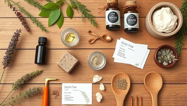 An artistic flat lay image featuring a variety of natural beauty ingredients like essential oils, herbs, and clays arranged elegantly on a wooden table with recipe cards and beauty tools, evoking a sense of creativity and natural beauty.