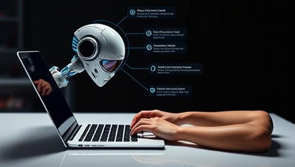 An artistic representation of a futuristic AI writing assistant, depicted as a sleek, digital entity providing suggestions and corrections to a writer typing on a laptop, symbolizing efficiency and innovation in the writing process.