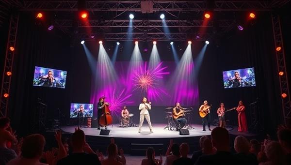 An artistic virtual stage with spotlights shining on a diverse range of performers showcasing their talents through videos, with virtual applause and comments from viewers, creating a vibrant and interactive online talent show atmosphere.