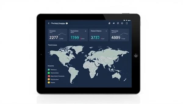 An interactive property management dashboard displayed on a tablet, showing real-time updates on rental income, maintenance requests, and tenant communications, with a map interface indicating property locations worldwide, symbolizing the convenience and control offered by remote property management services.