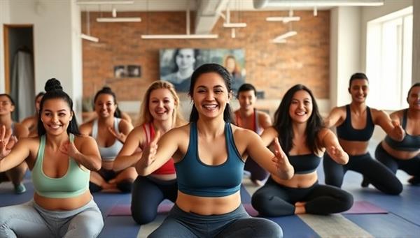 A vibrant and energetic virtual fitness class scene, with a diverse group of individuals following along with a coach on a video call, showcasing motivation and inclusivity.