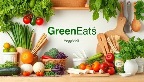 An eco-friendly kitchen setting with an array of fresh vegetables, plant-based ingredients, and reusable kitchen tools, embodying the essence of GreenEats Veggie Kits