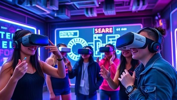 A virtual reality escape room setting with players wearing VR headsets, interacting with virtual puzzles and clues in a futuristic environment, highlighting the teamwork and excitement of solving challenges in a virtual world.