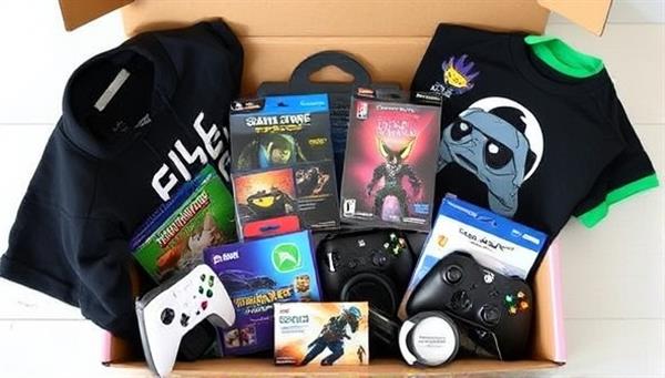 An array of gaming merchandise and collectibles neatly arranged in a subscription box, including game-themed apparel, accessories, figurines, and exclusive items, creating a sense of excitement and anticipation for subscribers opening their personalized GameGear Crate each month.
