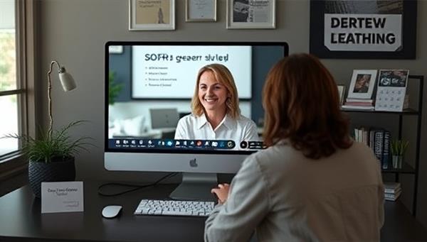 A virtual career coaching session featuring a career coach discussing job search strategies, resume tips, and interview techniques with a client via video call, surrounded by career development resources and success stories, creating a professional and supportive career advancement atmosphere.