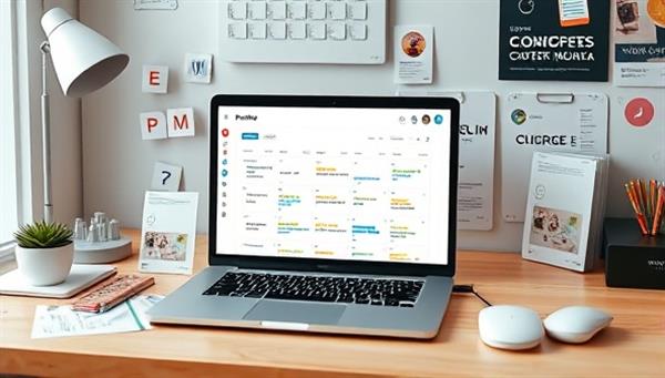 An office desk setup with a laptop displaying a social media content scheduler dashboard, surrounded by social media icons, analytics graphs, and creative content drafts, showcasing the convenience and organization of PostPro in managing social media campaigns.