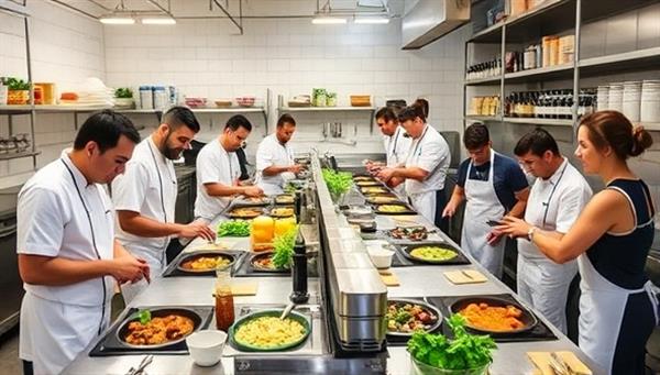 A bustling shared kitchen space with chefs in action, preparing diverse dishes at stainless steel workstations, exchanging culinary tips and ideas, surrounded by shelves of fresh produce and spices, capturing the vibrant and collaborative atmosphere at FoodForge Hub.