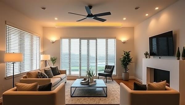 A sleek and modern living room featuring voice-controlled lighting, automated blinds, and a smart thermostat, highlighting the convenience and sophistication of smart home renovations.