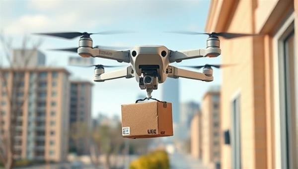An aerial view of a delivery drone gracefully dropping off a package at a customer