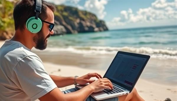 An image of a digital nomad working on a laptop at a picturesque beach location while a tax consultant virtually assists with international tax forms, representing the specialized and remote tax advisory services provided by NomadTax Experts to global professionals.