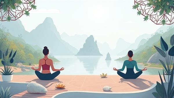 A tranquil digital illustration capturing a virtual oasis of calm and serenity, featuring individuals engaging in mindfulness practices, yoga poses, and meditation sessions amidst nature-inspired landscapes and soothing elements, conveying a sense of peace, balance, and mental well-being at ZenVoyage Oasis.