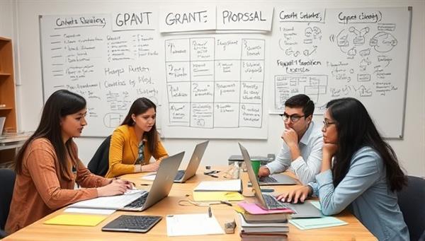 A team of grant writers brainstorming and collaborating on a grant proposal, surrounded by research materials, laptops, and whiteboards filled with ideas, portraying creativity and teamwork.