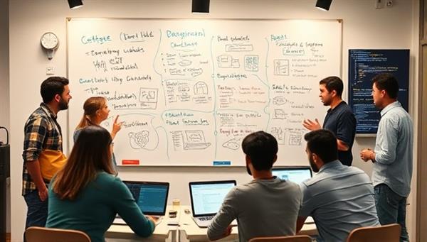 A diverse team of tech developers and public sector experts brainstorming around a whiteboard filled with project ideas and sketches, with laptops and coding screens in the background, symbolizing creativity, collaboration, and innovation at CivicLab in developing solutions for civic challenges.
