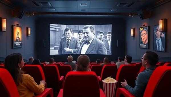 A stylish virtual movie theater setting with cinema seats, a big screen displaying a classic film, popcorn buckets, and movie posters, virtual attendees enjoying a movie screening together, sharing reactions, and engaging in film discussions, creating a cinematic and communal movie club experience in a digital space.