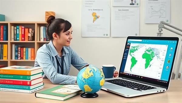 A digital workspace featuring a consultant conducting a virtual language lesson with a student, surrounded by colorful language textbooks, a globe, and a laptop displaying interactive language learning software, symbolizing cultural exchange and educational growth.