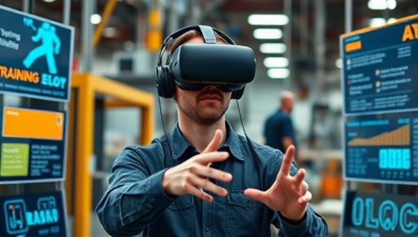 An employee wearing a VR headset and interacting with virtual manufacturing equipment, surrounded by digital displays of training modules and safety instructions, creating a futuristic and immersive training environment that enhances learning and skill development.