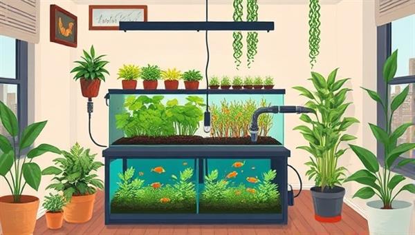 An artistic illustration showing a compact aquaponics system setup in a modern urban apartment, combining fish tanks and plant beds in a harmonious and aesthetically pleasing indoor garden, inspiring DIY enthusiasts and urban farmers.