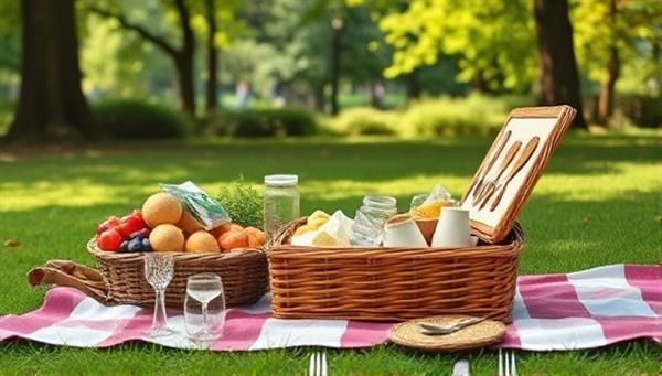An inviting picnic setup in a green park with a sustainable picnic basket filled with organic snacks and reusable utensils.