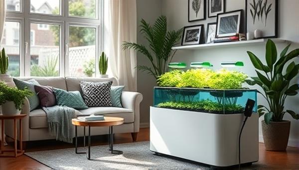 An aesthetically pleasing living room corner with a sleek aquaponic herb garden kit on display, surrounded by lush greenery and natural light, evoking a sense of sustainable and stylish home decor.
