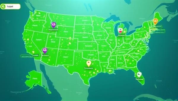 A digital map interface displaying a network of sustainable charging stations across the country, with icons representing eco-friendly power sources and availability status, conveying a green and futuristic transportation ecosystem.