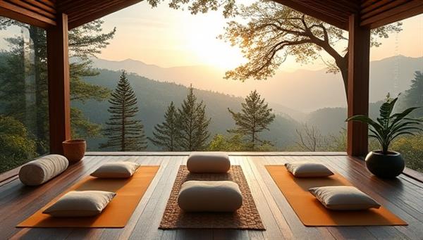 An immersive virtual retreat setting showcasing tranquil nature scenes, calming music, yoga mats, meditation cushions, and digital workshops on mindfulness and self-care practices, inviting participants to unwind and recharge in a serene online sanctuary.