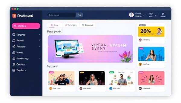 An online dashboard displaying a virtual event setup with customizable themes and interactive features, showcasing the platform