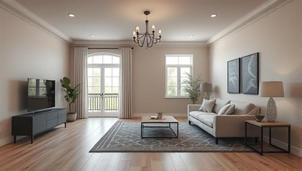 An empty room in a house transformed into a beautifully staged living space through virtual staging, with modern furniture, elegant decor, and a cozy ambiance, illustrating the power of StageRight