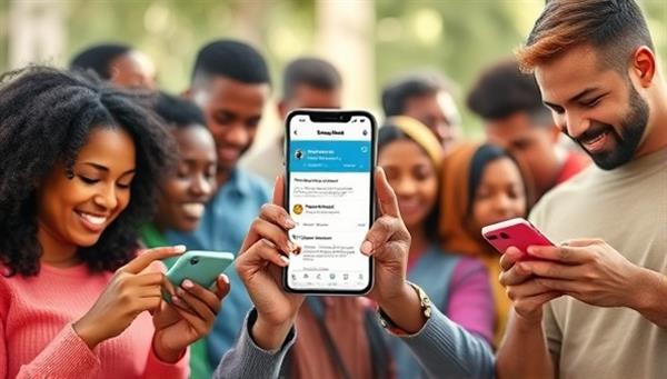 An engaging visual of diverse community members using smartphones to interact with an app interface showing local government updates, feedback mechanisms, and community forums, fostering a sense of connection and empowerment.