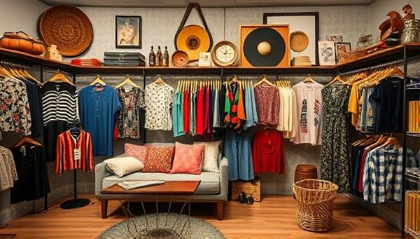 An eclectic and stylish online thrift store display featuring a mix of vintage clothing, retro accessories, and unique collectibles arranged in a visually appealing and trendy setting, inviting users to explore and discover hidden treasures in the digital marketplace.