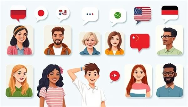An online language exchange platform interface showcasing diverse user profiles connecting with each other through video calls and chat, exchanging languages and cultural insights, with speech bubbles and flags representing different languages, fostering a global and inclusive learning community.