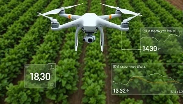 An aerial view captured by a drone showing lush, healthy crops on a farm, with detailed data overlays indicating crop health metrics and irrigation recommendations, highlighting the precision and efficiency of drone crop monitoring services.