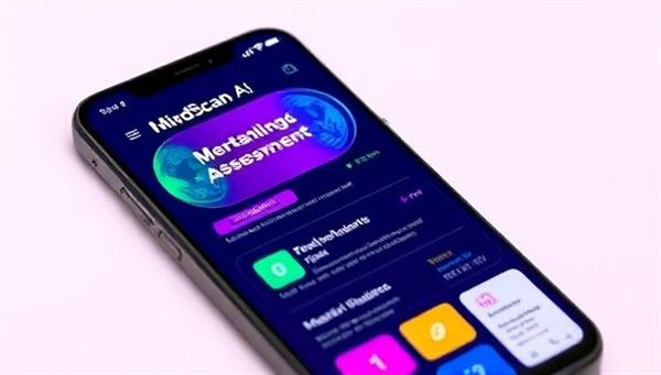 An engaging image of a smartphone screen displaying the MindScan AI assessment tool interface, with colorful graphics, interactive elements, and personalized recommendations, showcasing the user-friendly and insightful nature of the platform for mental health assessment and well-being improvement.