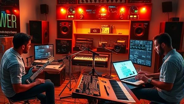 An inspiring digital artwork featuring a virtual music studio with musicians collaborating on a song, each contributing their unique talents through digital interfaces and instruments, highlighting the creativity and unity of music collaboration online.