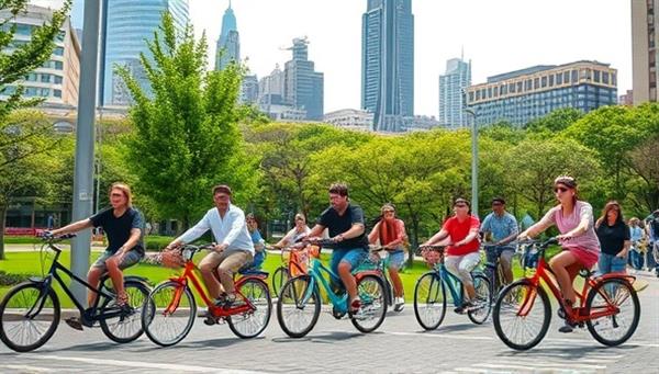 A vibrant city scene showcasing a diverse group of people riding colorful bicycles through a scenic park, highlighting the joy and community aspect of cycling and bike sharing.
