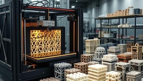 An industrial 3D printer in action, creating intricate modular construction components layer by layer, with a diverse range of designs and shapes displayed nearby, showcasing the precision and customization capabilities of PrintBloc Innovations in revolutionizing modular construction with advanced technology.