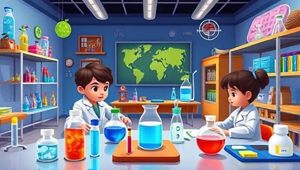 An animated virtual science lab filled with colorful equipment and interactive tools, with young students conducting experiments and engaging with STEM concepts under the guidance of virtual instructors, fostering a love for learning and exploration in STEM education for kids.