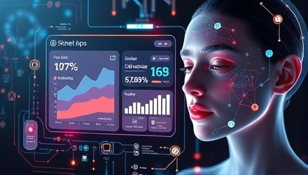 An artistic representation of AI-powered skincare analysis, featuring a digital interface displaying skin metrics, product recommendations, and personalized skincare routines, surrounded by futuristic elements and glowing skin visuals, symbolizing the cutting-edge technology and precision of the app.