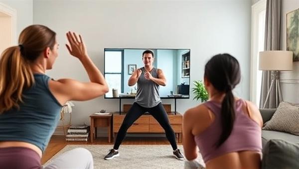 An energetic and dynamic image of a virtual fitness coach leading an online workout session with participants following along from home, showcasing the convenience and effectiveness of remote health and fitness coaching on FitWell Connect.