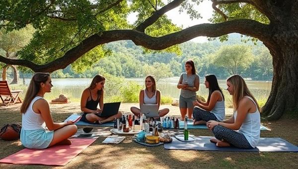 A picturesque retreat setting featuring a group of digital nomads engaging in skincare workshops under the shade of a tree, surrounded by nature, with laptops, beauty products, and yoga mats scattered around, embodying a harmonious blend of work and wellness.