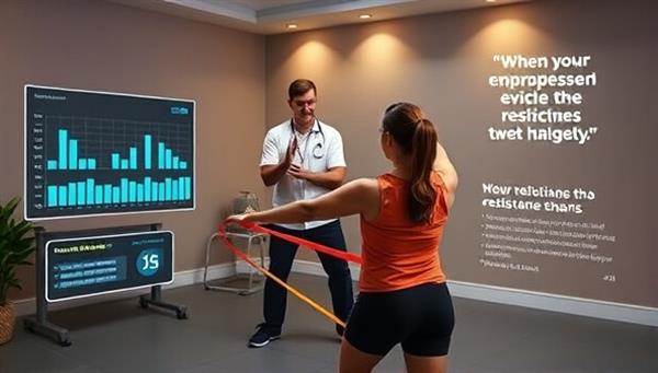 A dynamic virtual physiotherapy session with a physiotherapist guiding a patient through exercises using resistance bands, accompanied by digital progress charts and motivational quotes, creating a sense of empowerment and progress in rehabilitation.