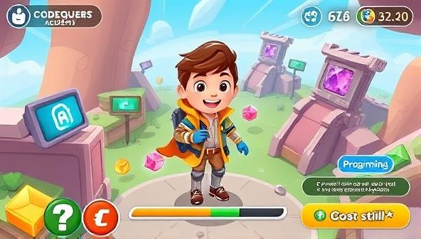 An engaging digital illustration of a character avatar embarking on a coding quest in a virtual world, surrounded by coding challenges, colorful gems representing programming concepts, and a progress bar indicating skill development, highlighting the gamified learning experience of CodeQuest Academy.
